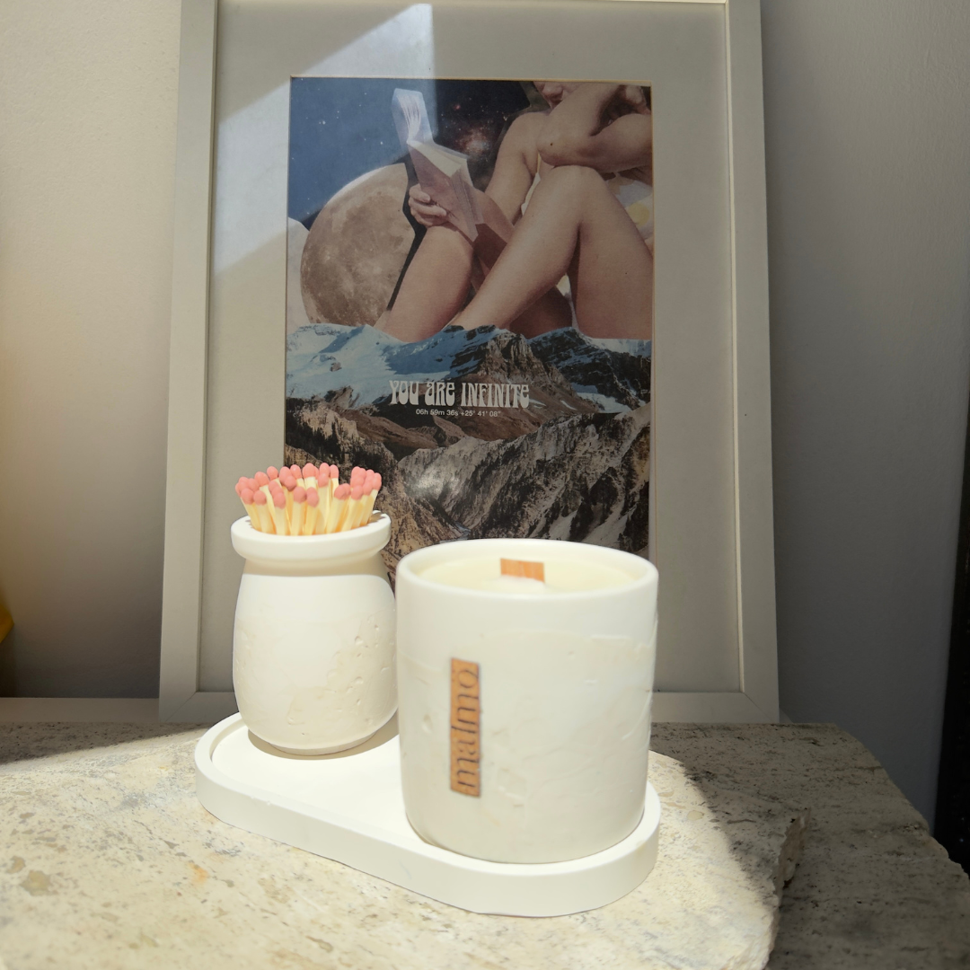 Malmo Home Natural candle tray, product size guide graphic, 18cm x 9.5cm