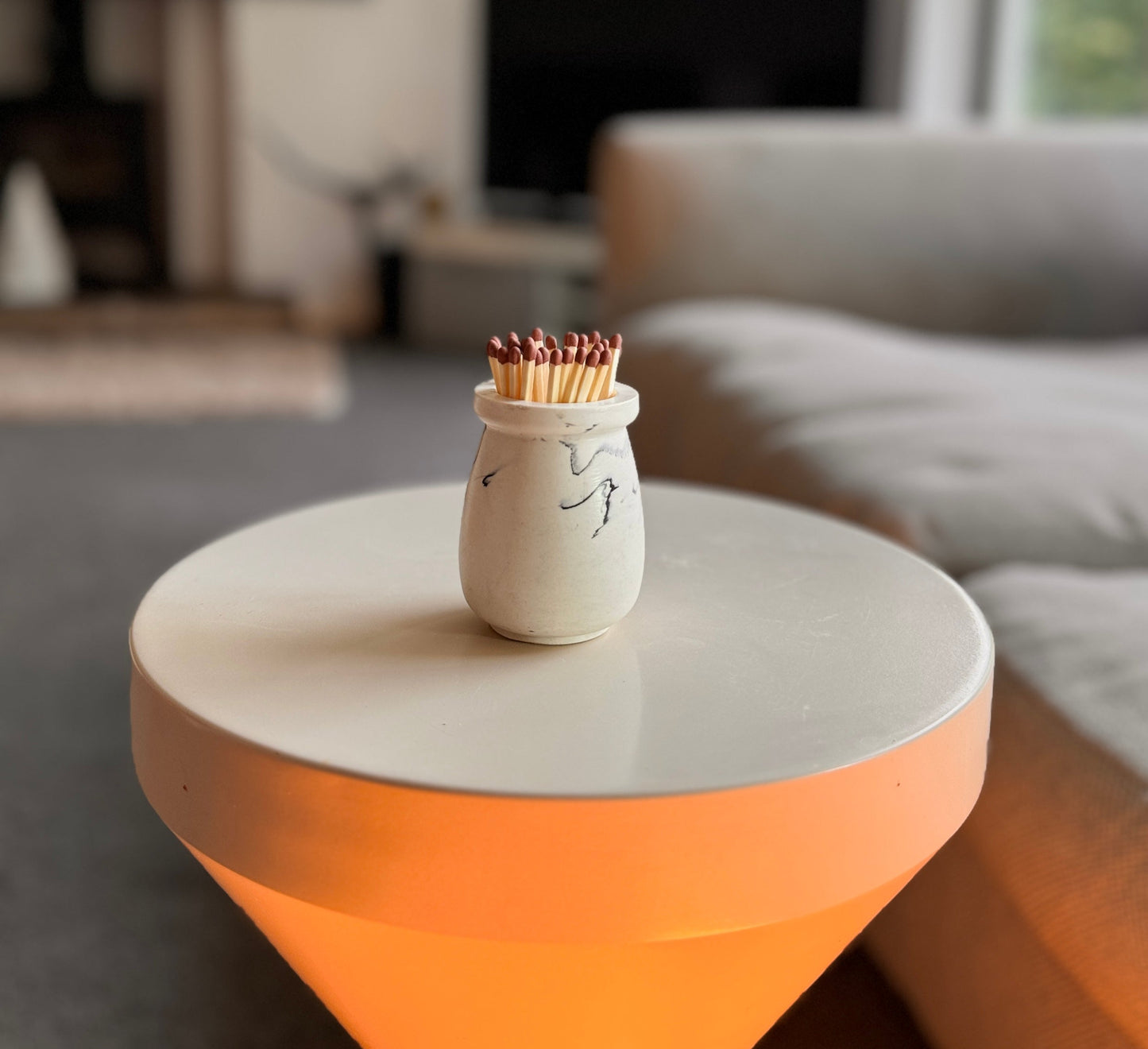 Handcrafted refillable granite match pot with striker and long safety matches by Malmö Home, handmade in the UK