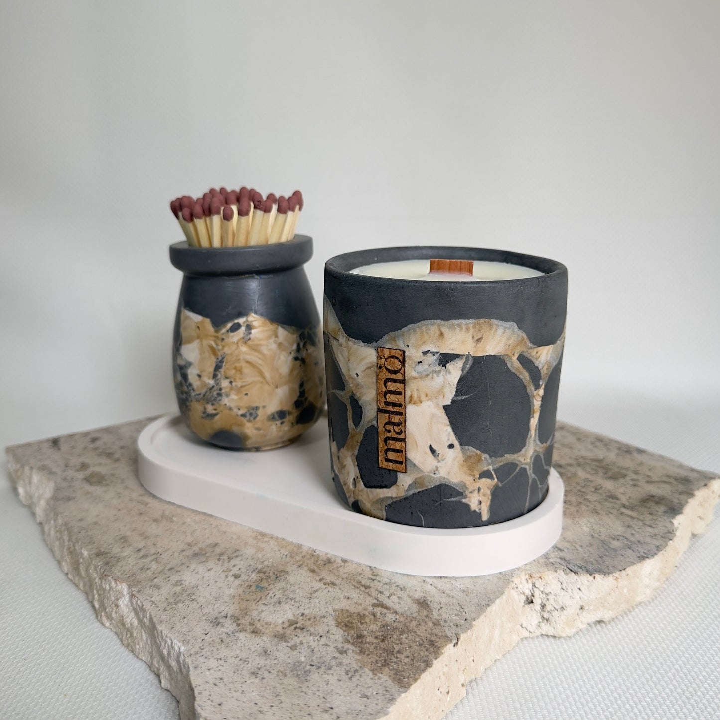Malmo Home match pot trio, charcoal, beige and natural stone-effect ceramic, close detail