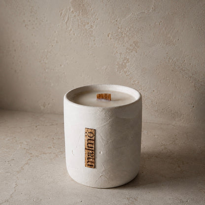 Malmo Home Natural candle pot, close detail of stone-effect ceramic surface
