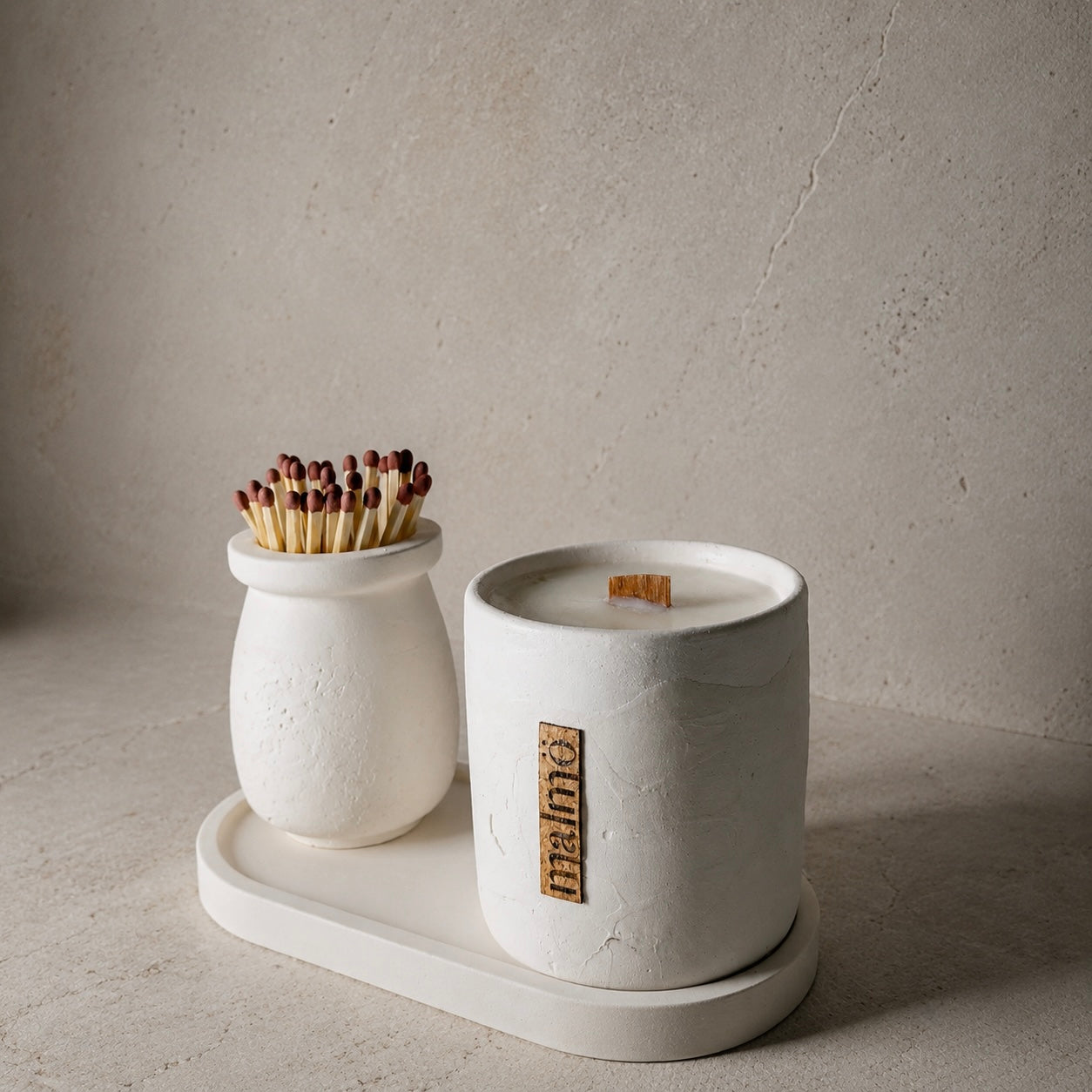 Malmo Home Natural Candle Pot Set, lifestyle flat lay, warm ambient tones
