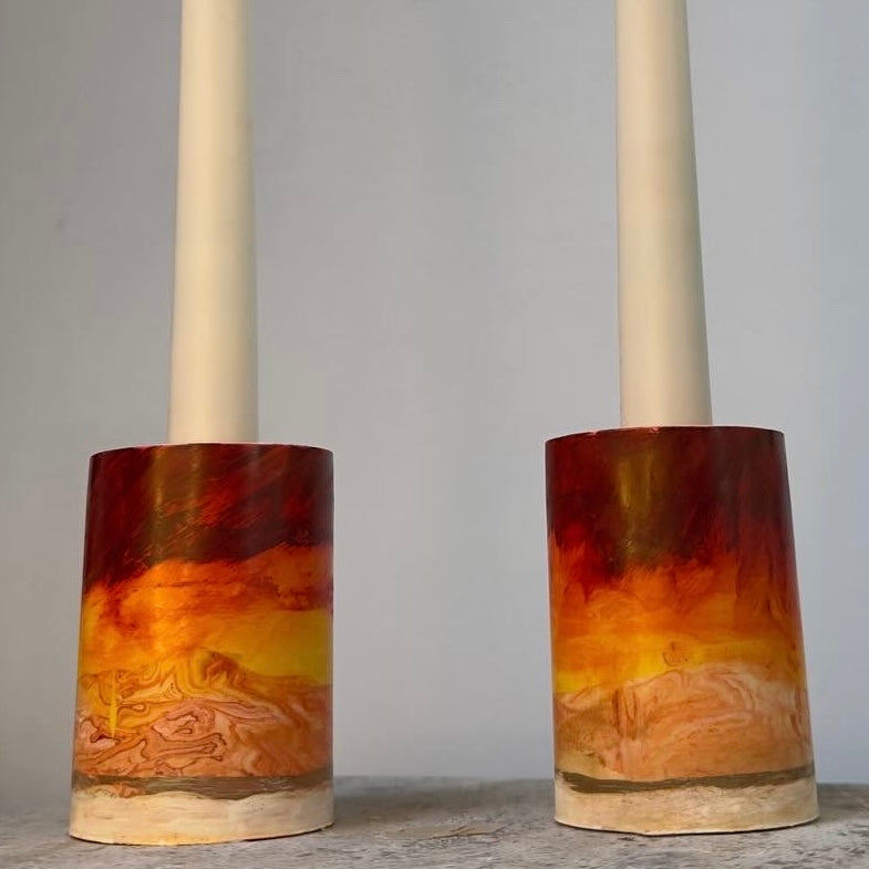 Set of two handmade candlestick holders in warm sun tone, flame-free and battery-operated for safe indoor and outdoor use