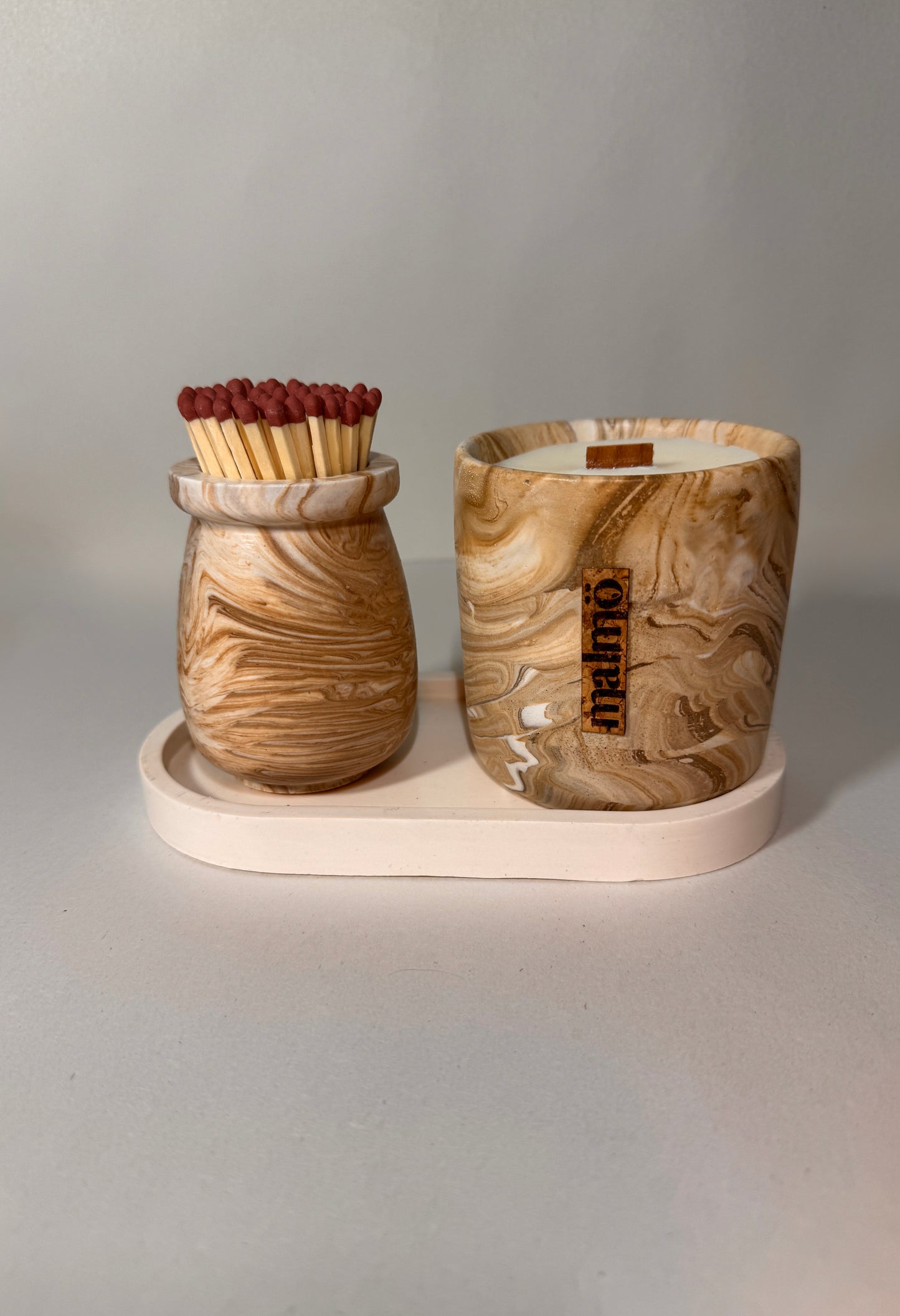 Handmade wood effect candle pot set by Malmö Home, made in the UK