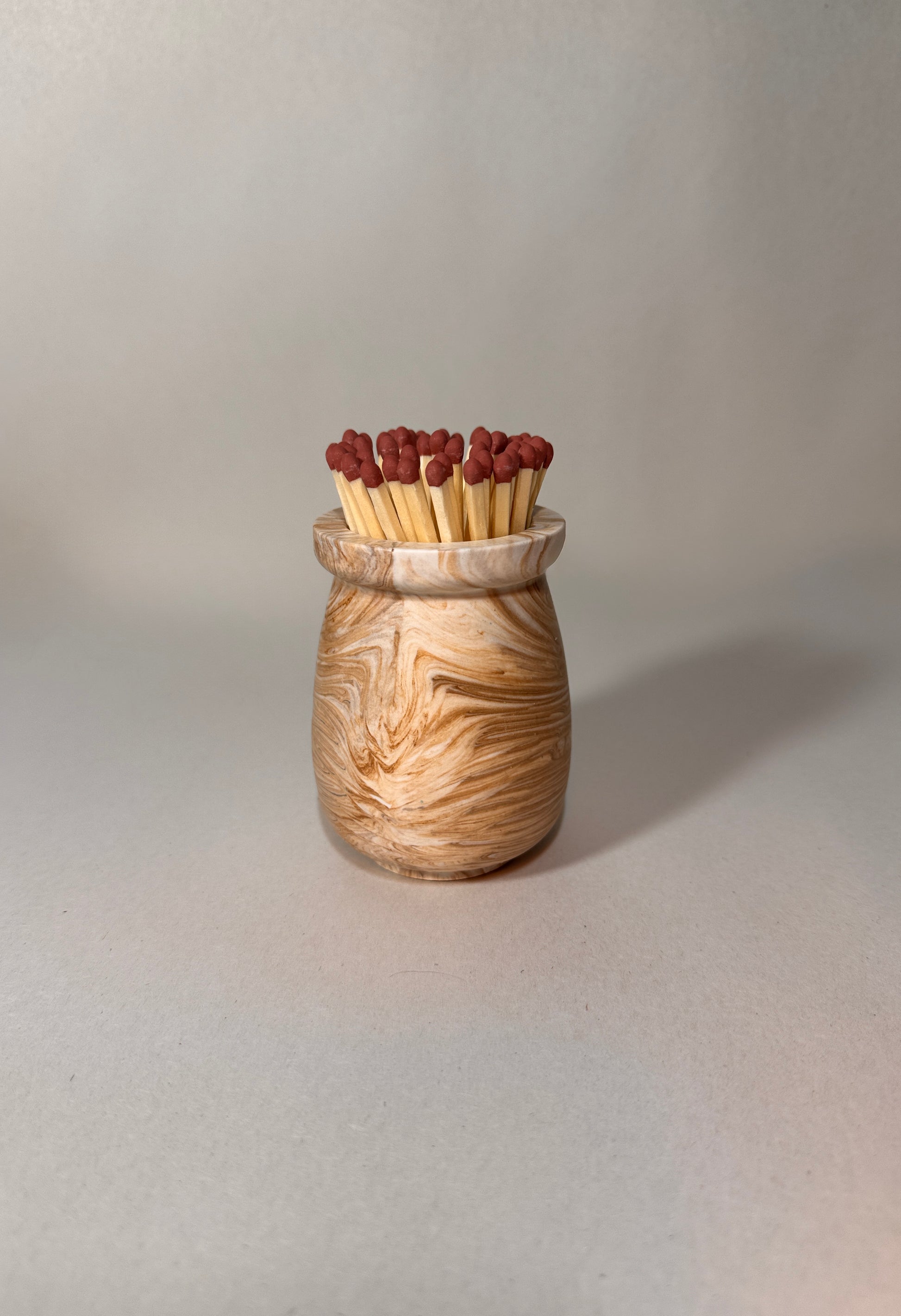 Wood effect stone match pot by Malmö Home, handmade in the UK
