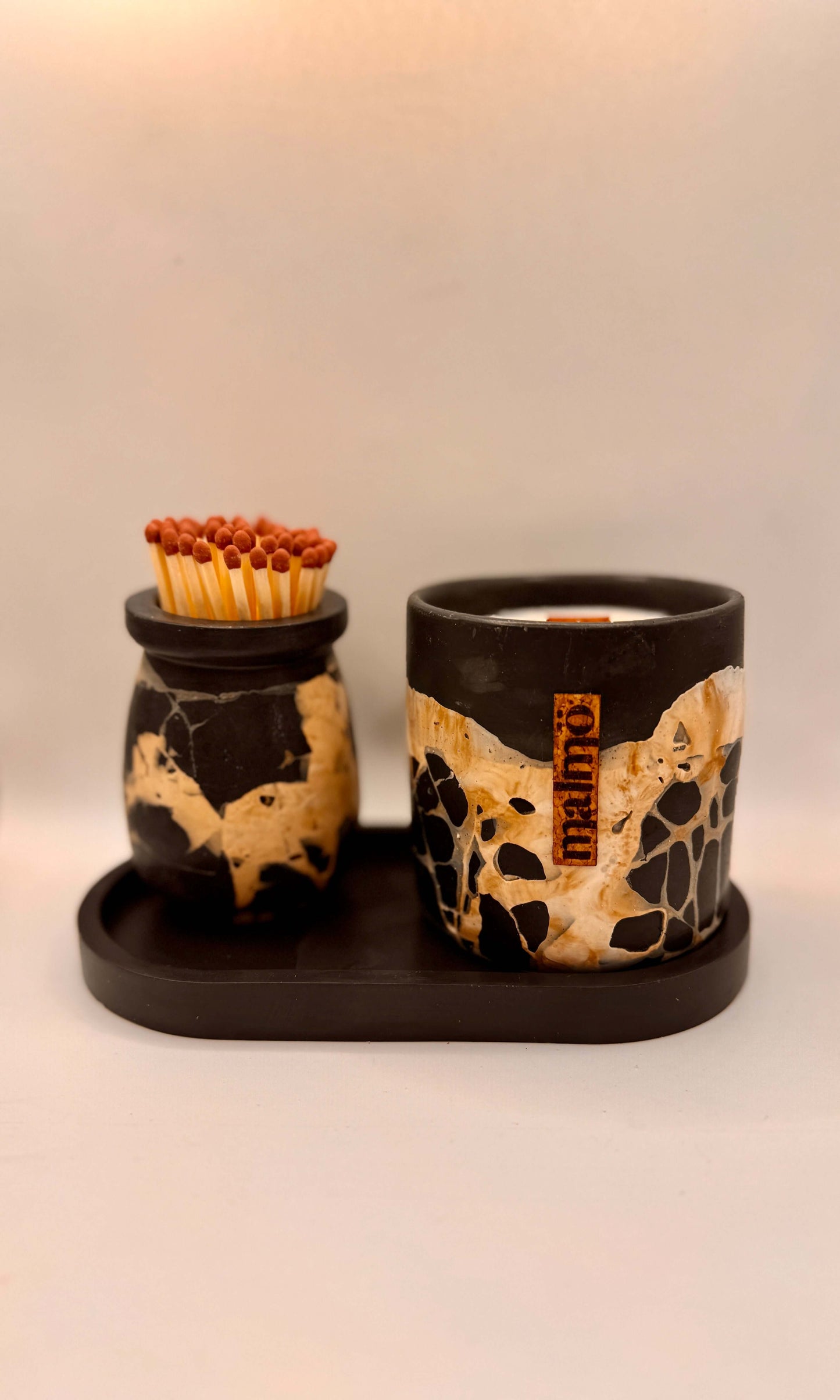 Hand-crafted refillable candle set with soy candle match pot and tray in black beige and natural