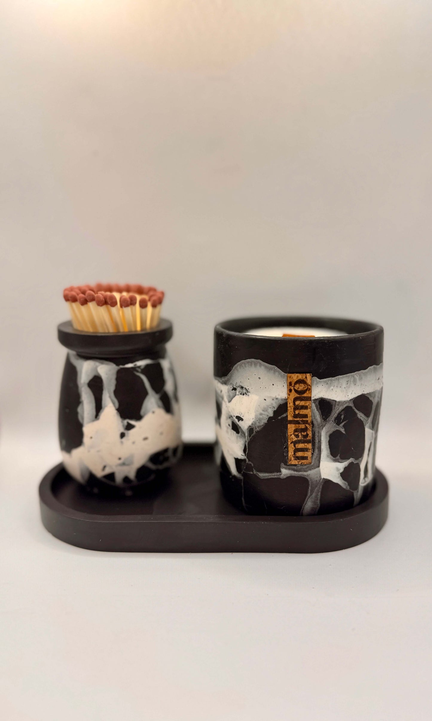 Hand-crafted refillable candle pot set  with soy candle match pot matches striker tray in black and natural