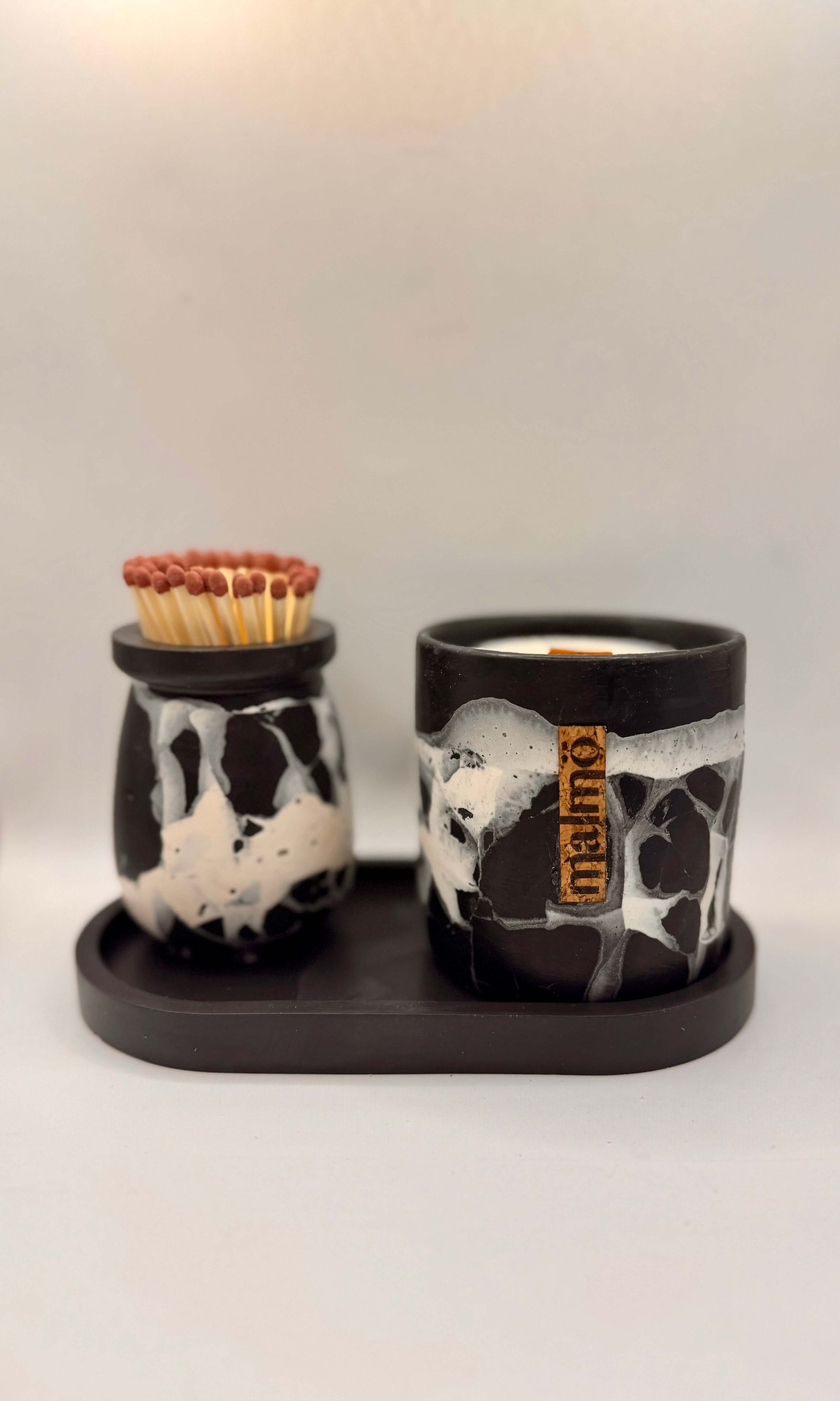 Hand-crafted refillable candle pot set  with soy candle match pot matches striker tray in black and natural