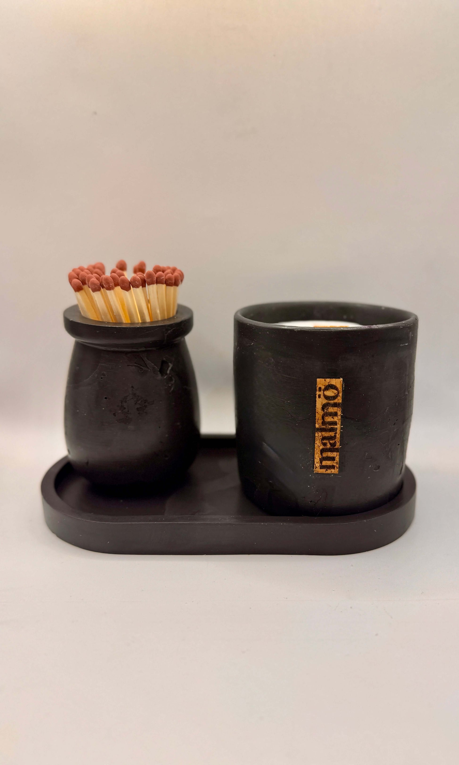 Hand-crafted refillable candle pot set with soy candle match pot matches striker and tray black