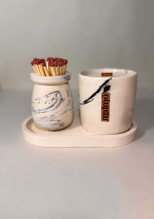 Hand-crafted refillable candle pot set soy candle match pot match striker and tray in natural with black swirls