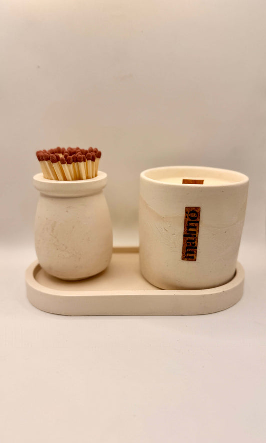 Hand-crafted refillable candle pot set with soy candle match pot matches striker and tray in all natural