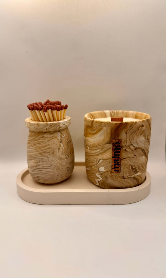 Hand-crafted refillable candle pot set with soy candle match pot matches striker and tray in beige and natural wood effect