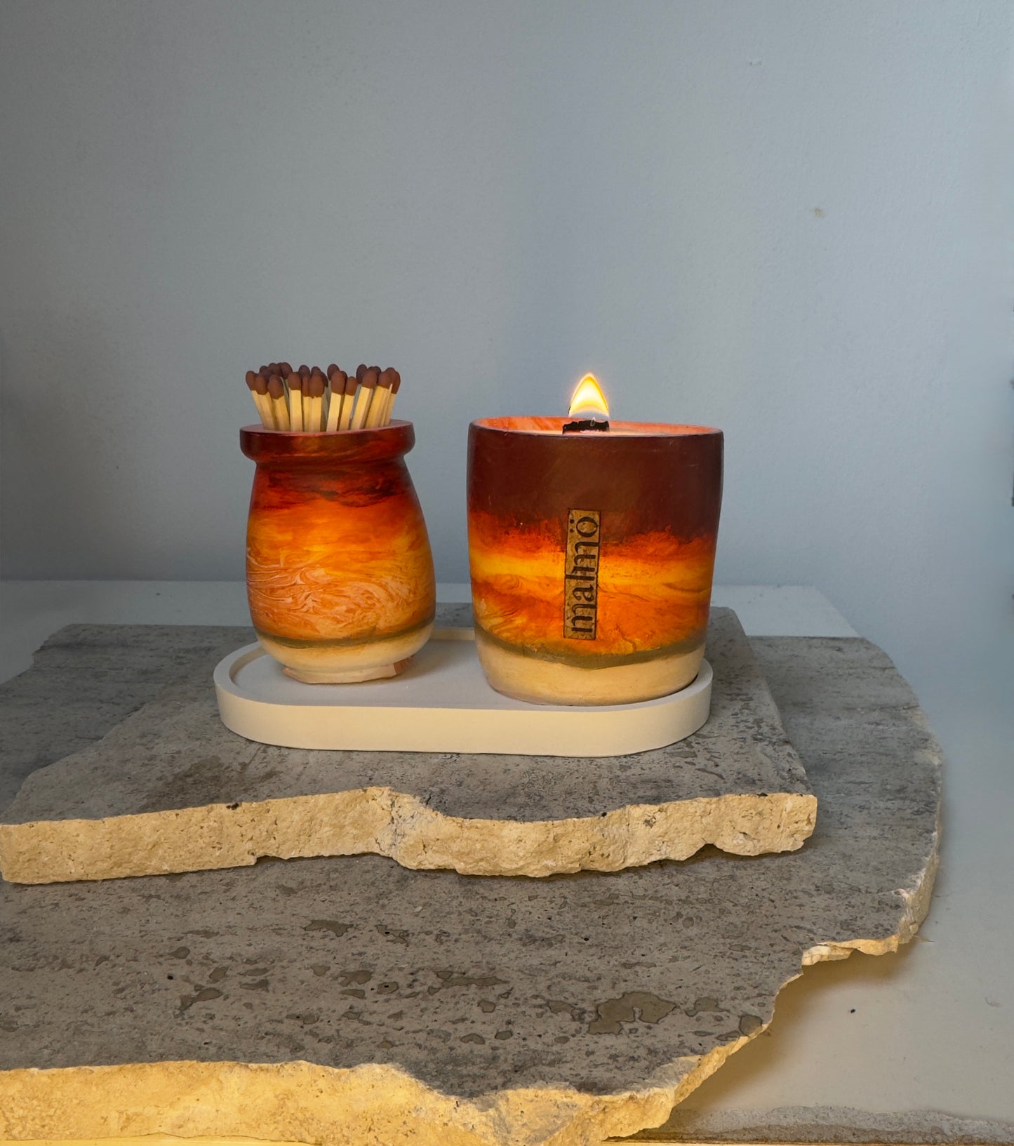 Refillable Handmade Candle Pot Set with Match Pot & Tray ~ Sun Collection