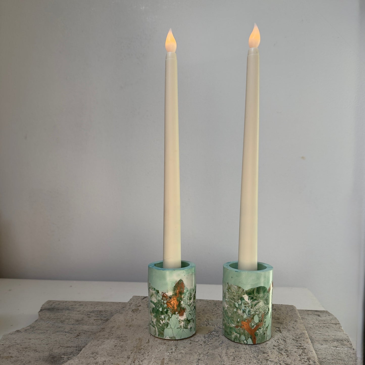 Handmade candlestick holders in soft leaf tone, set of two, flame-free and wind-safe design by Malmö Home