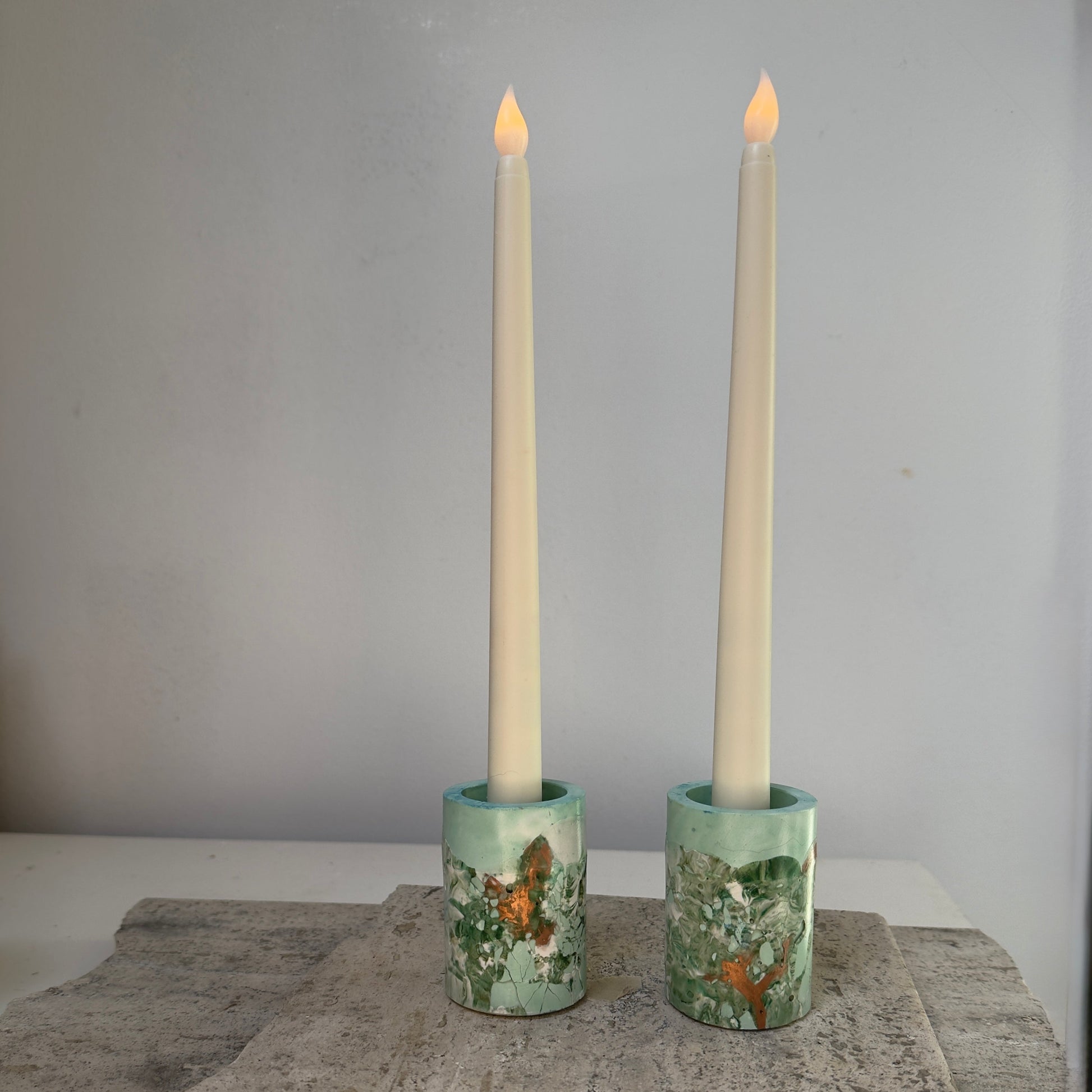 Handmade candlestick holders in soft leaf tone, set of two, flame-free and wind-safe design by Malmö Home