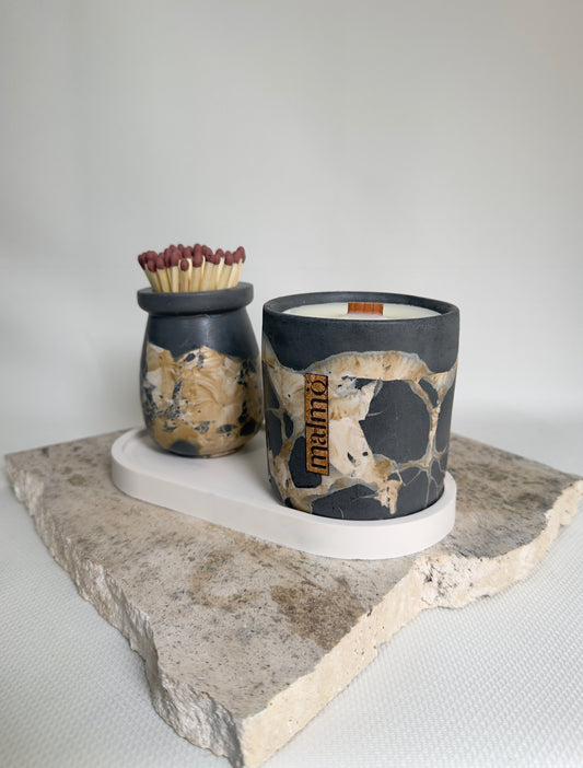 Malmo Home match pot trio, charcoal, beige and natural stone-effect ceramic, close detail
