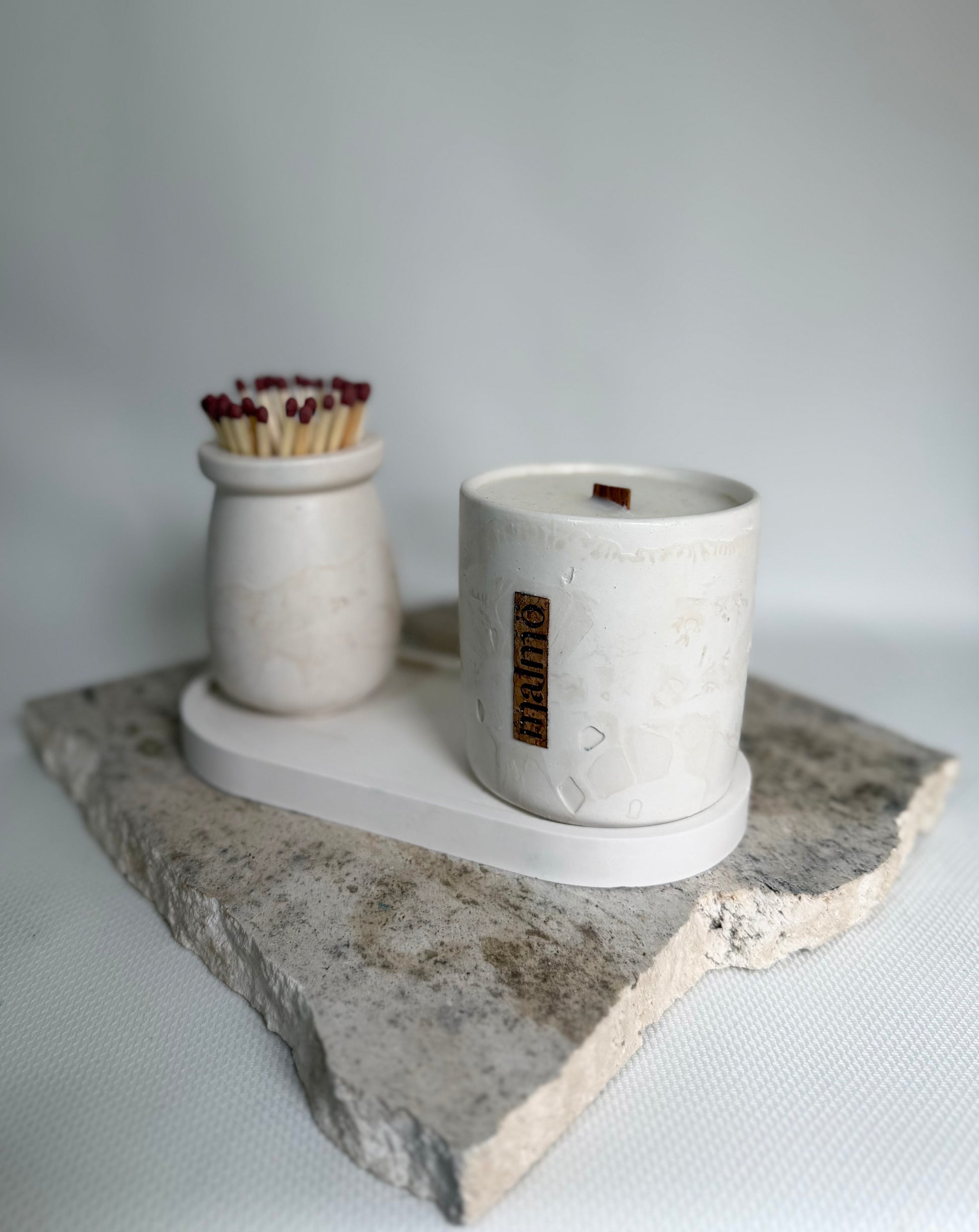Malmo Home Natural Candle Pot Set, raw stone-effect ceramic finish, styled on neutral background
