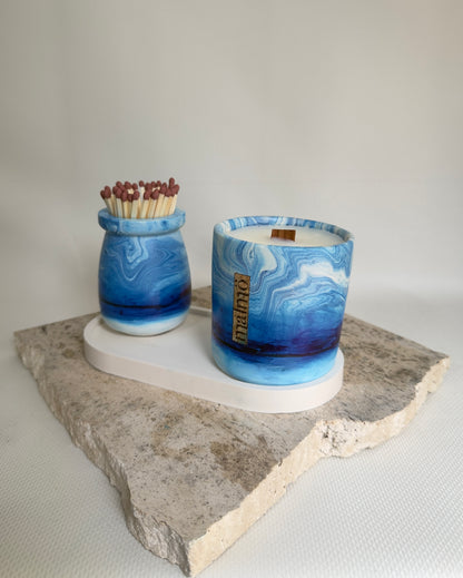 Malmo Home Sky Candle Pot Set, pale blue stone-effect ceramic pots styled on neutral surface
