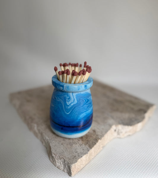 
Malmo Home Sky match pot, pale blue stone-effect ceramic with long safety matches, top view
