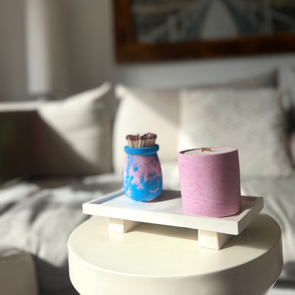 Malmo Home Poise Rectangle plinth with a pink candle pot and marbled match holder in natural light