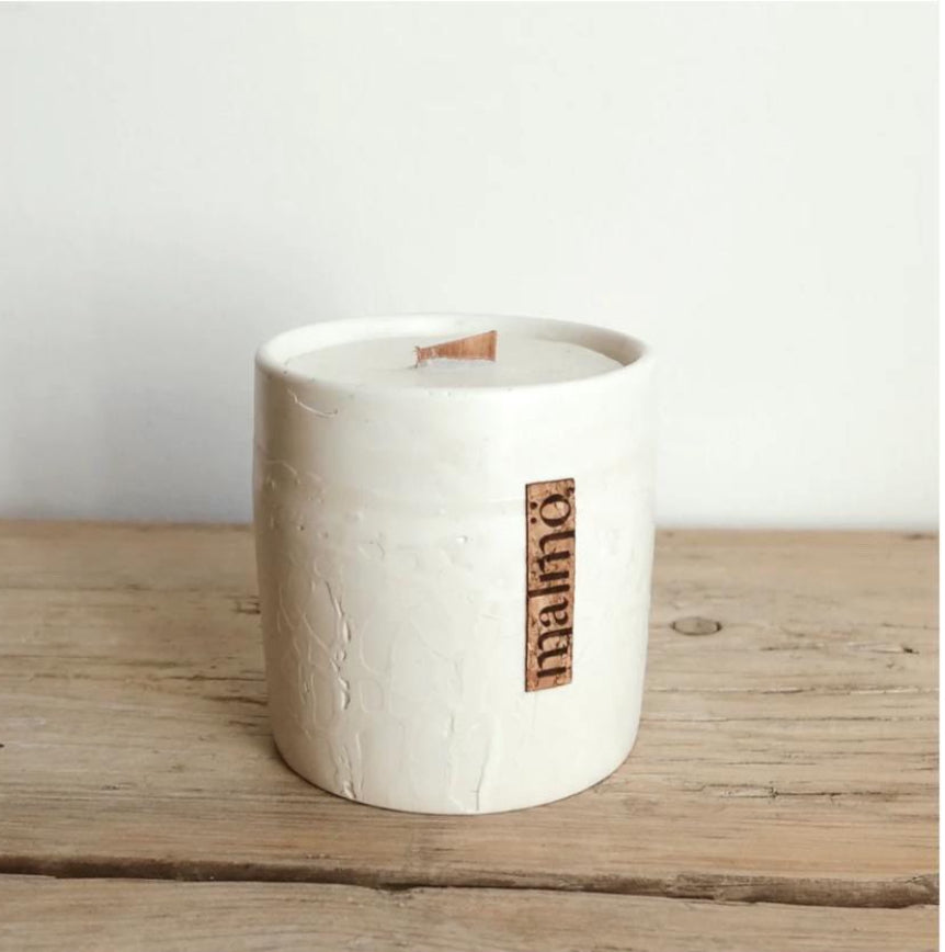 Handcrafted refillable candle pot with natural stone-inspired finish by Malmö Home