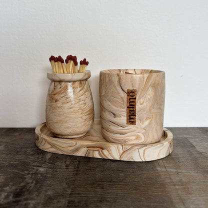 Wood effect stone candle pot set by Malmö Home, handmade in the UK