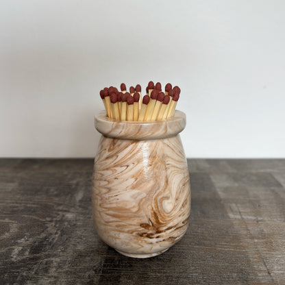 Handmade wood effect match pot by Malmö Home, made in the UK