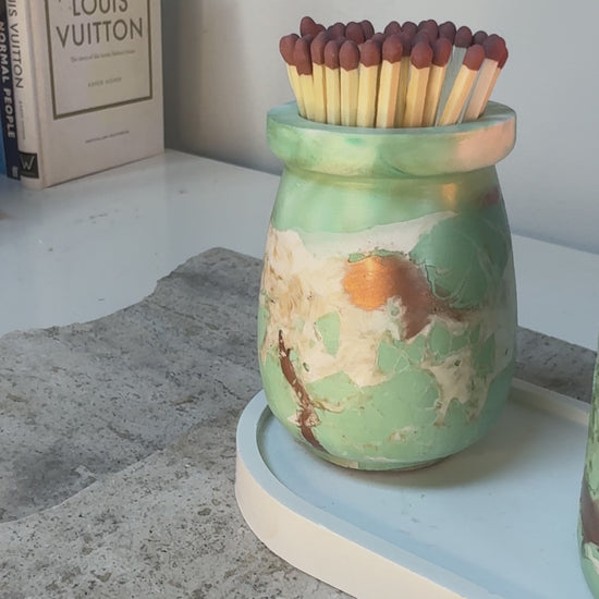 Refillable candle pot set in living room setting - green home styling UK