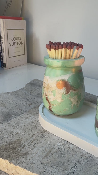 Refillable candle pot set in living room setting - green home styling UK
